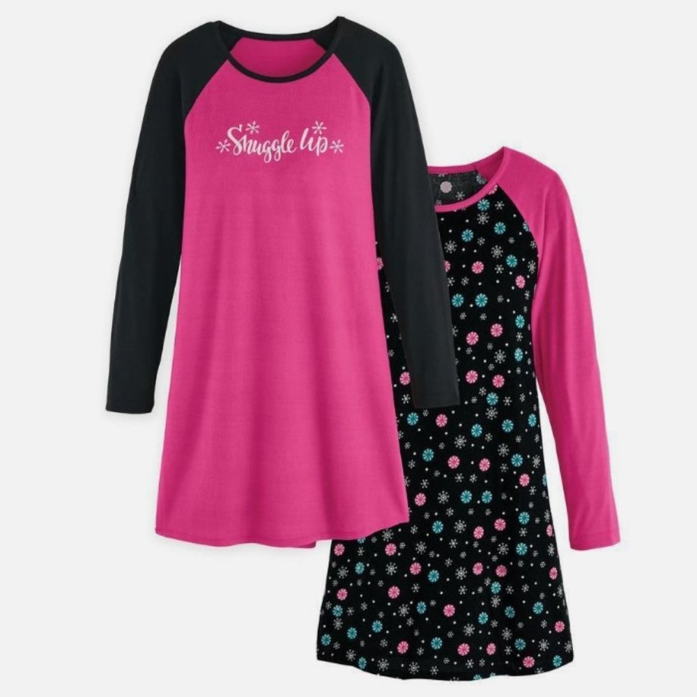 NEW Pink & Black Sz Medium Soft Stretchy Pajama Lounge Night Gown 2 Pc Set